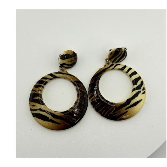 Vintage 80s Retro Zebra Stripe Circle Dangle Earrings - Black & Gold Tone - Picture 2 of 4